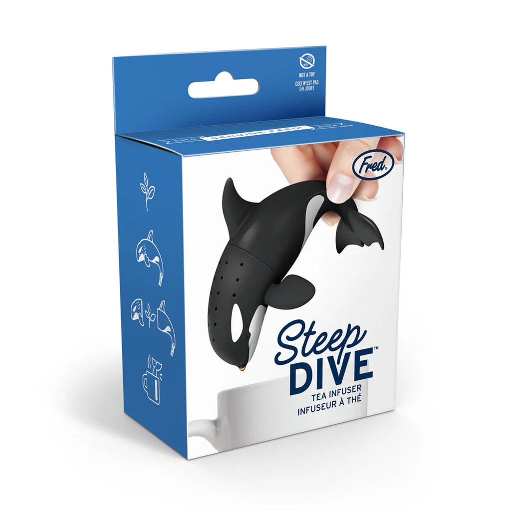 Tea infuser packaging with whale design on a white background