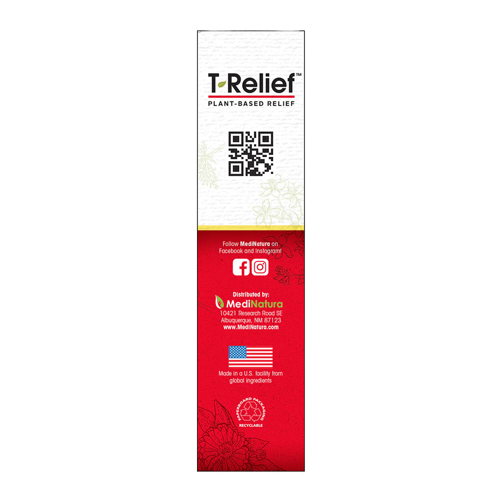 T-Relief product packaging with branding and contact information on a white background