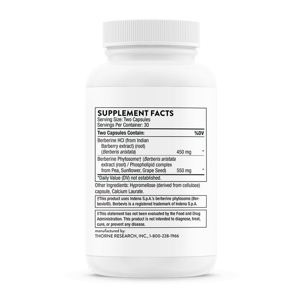 A white plastic bottle of Thorne Research Berberine HCl dietary supplement with a white ribbed cap, showing the black 'Supplement Facts' label on a clean white background.