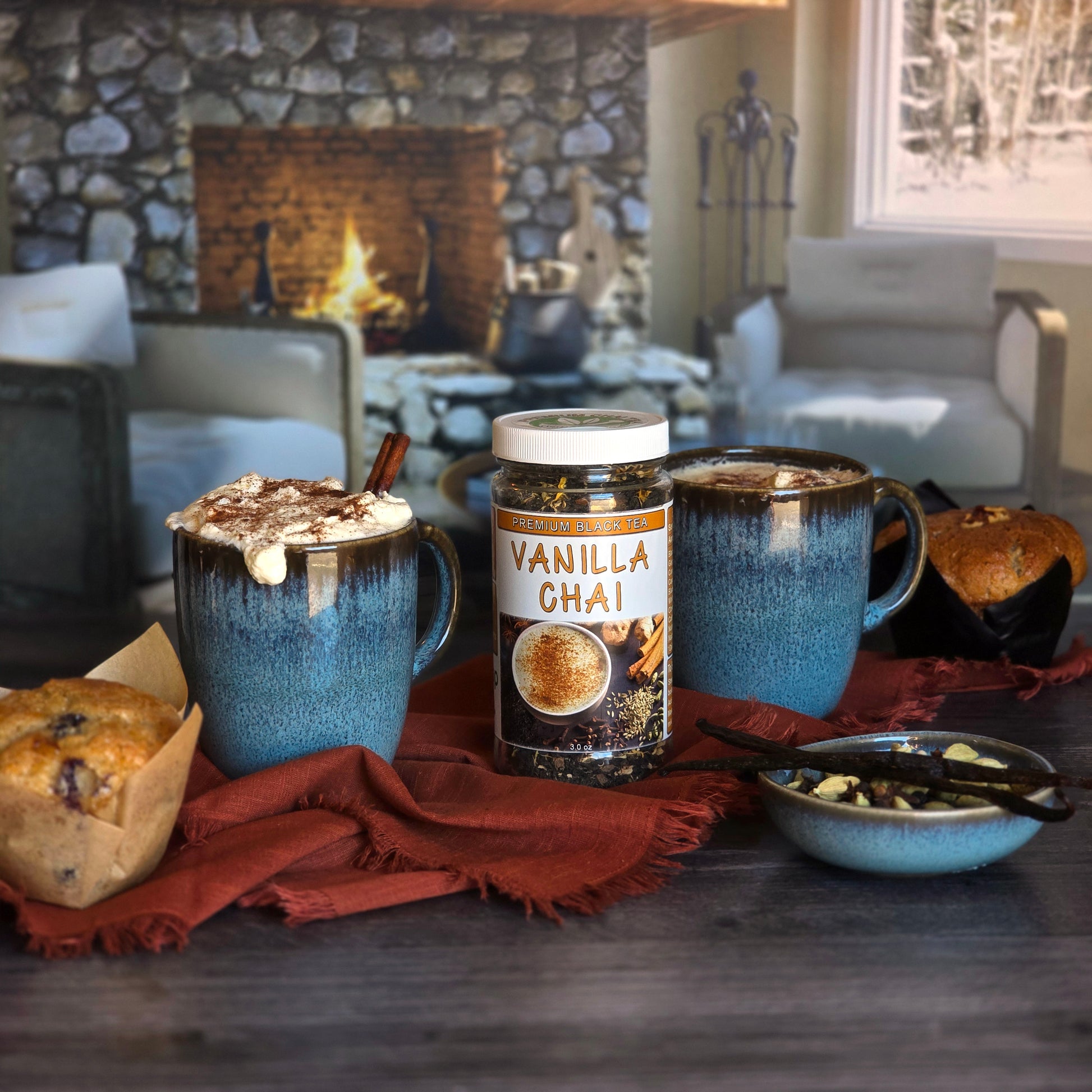 Vanilla Chai with tea mugs, muffins and vanilla beans