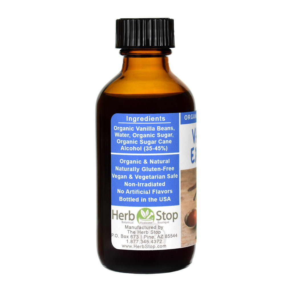 Herb Stop vanilla extract bottle with label on a white background