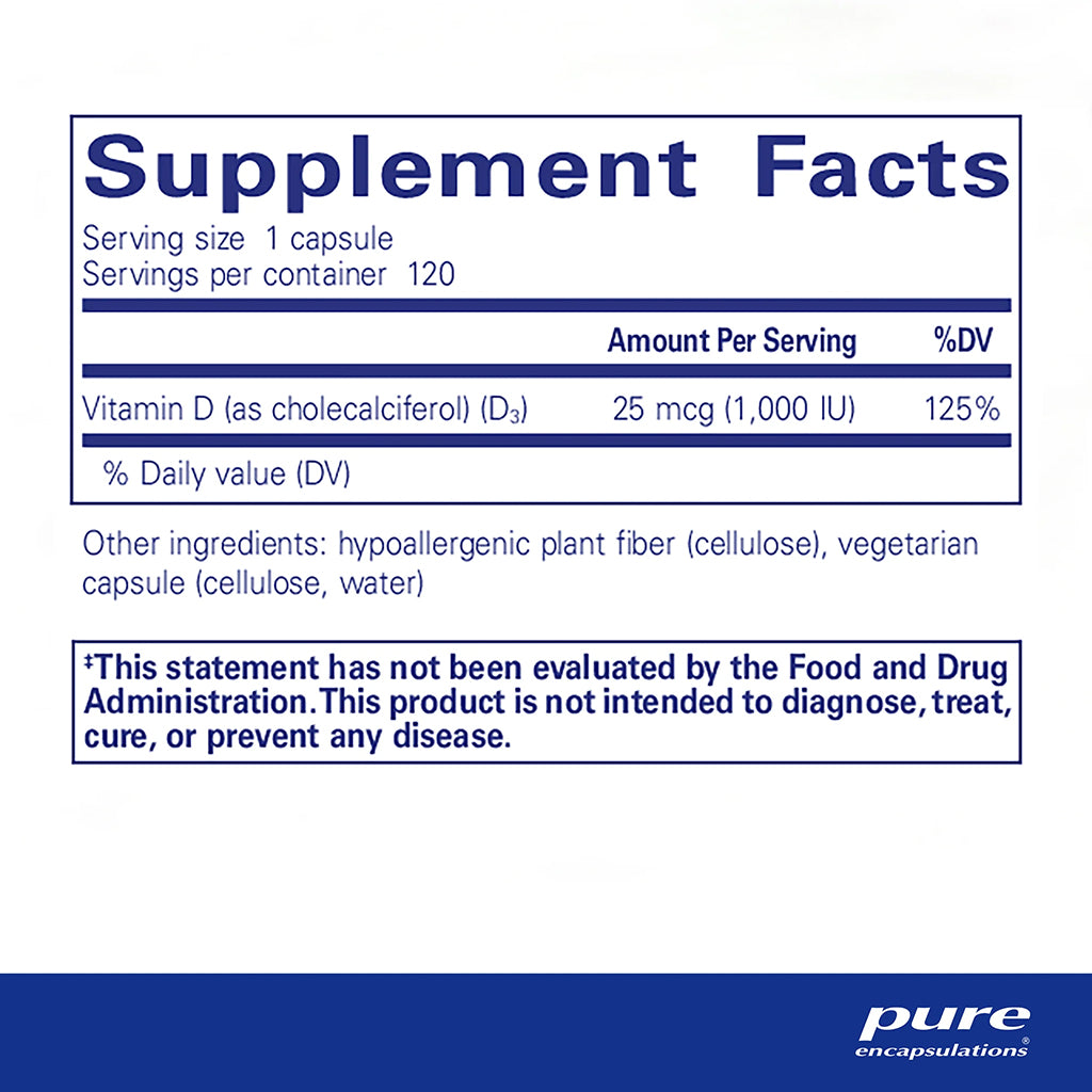 Supplement facts label for Pure Encapsulations vitamin D supplement with serving size, servings per container, and ingredient list.