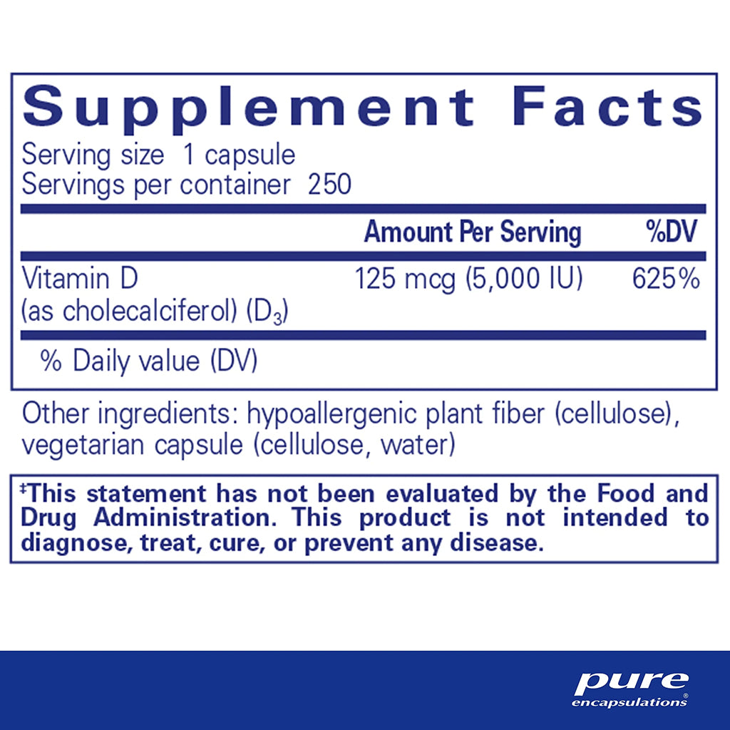 Supplement facts label for Pure Encapsulations Vitamin D supplement with serving size, servings per container, and ingredient list.