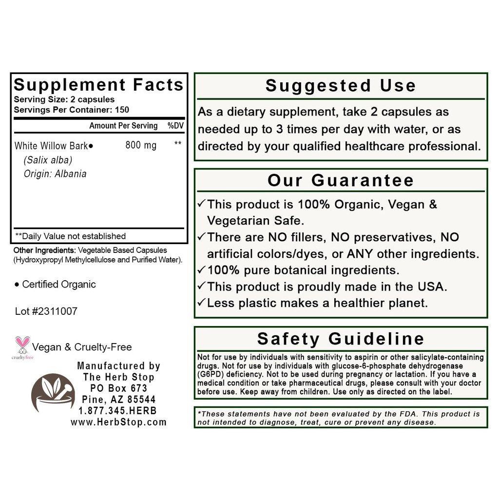 White Willow Bark Capsules Label - Back