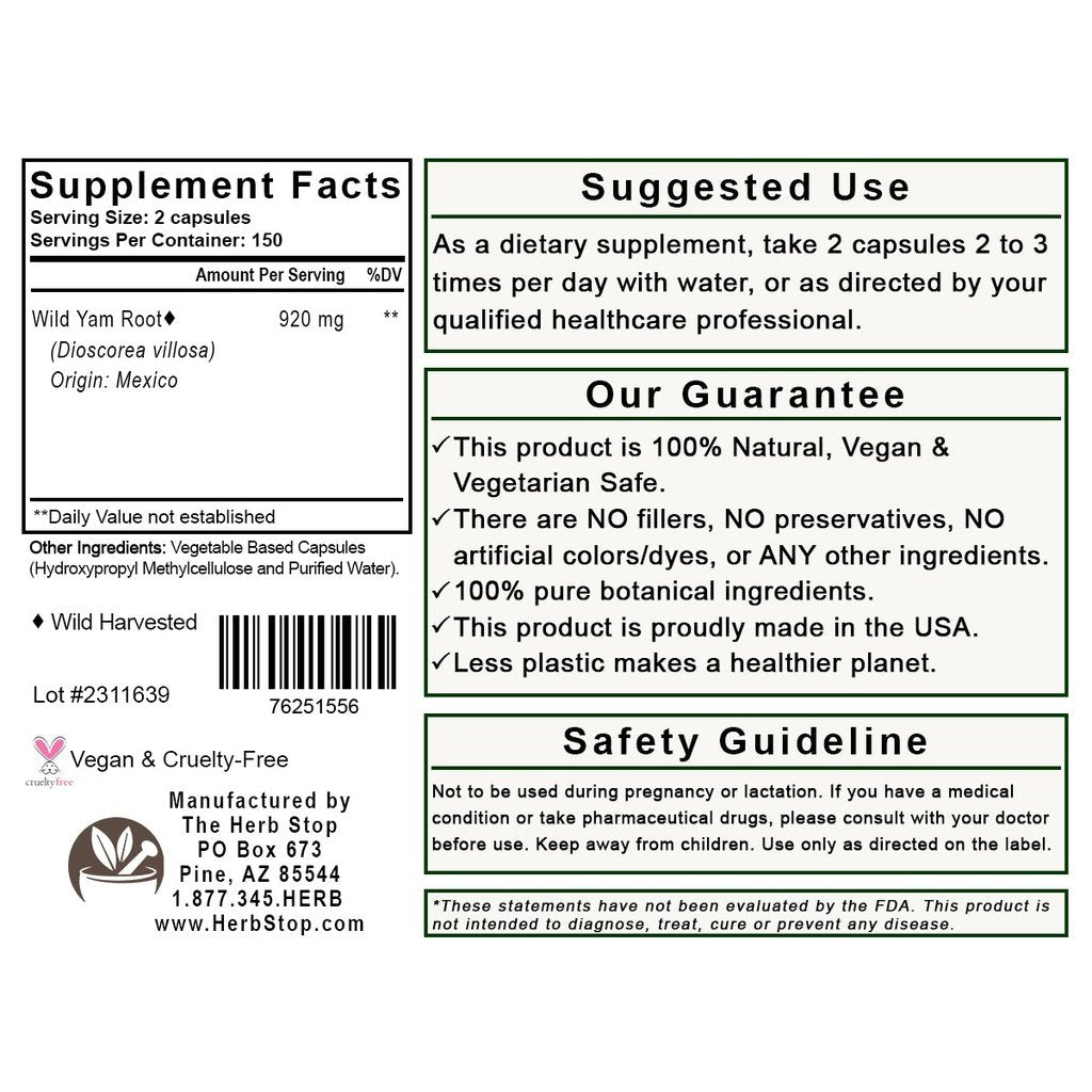 Wild Yam Root Capsules Label - Back