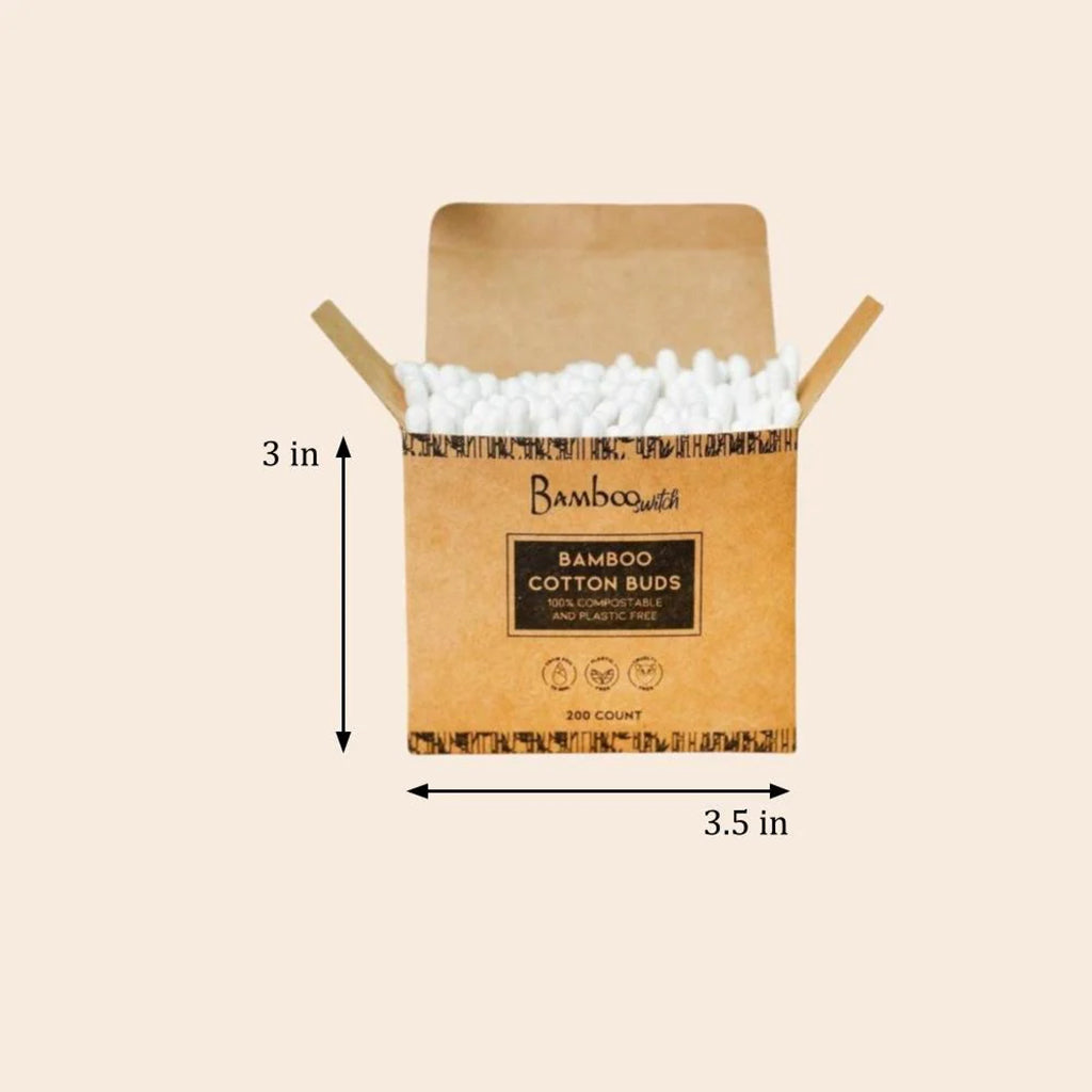 Box of Bamboo Cotton Buds with dimensions indicated on a beige background