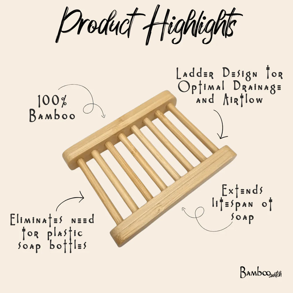Bamboo soap dish with product highlights on a beige background