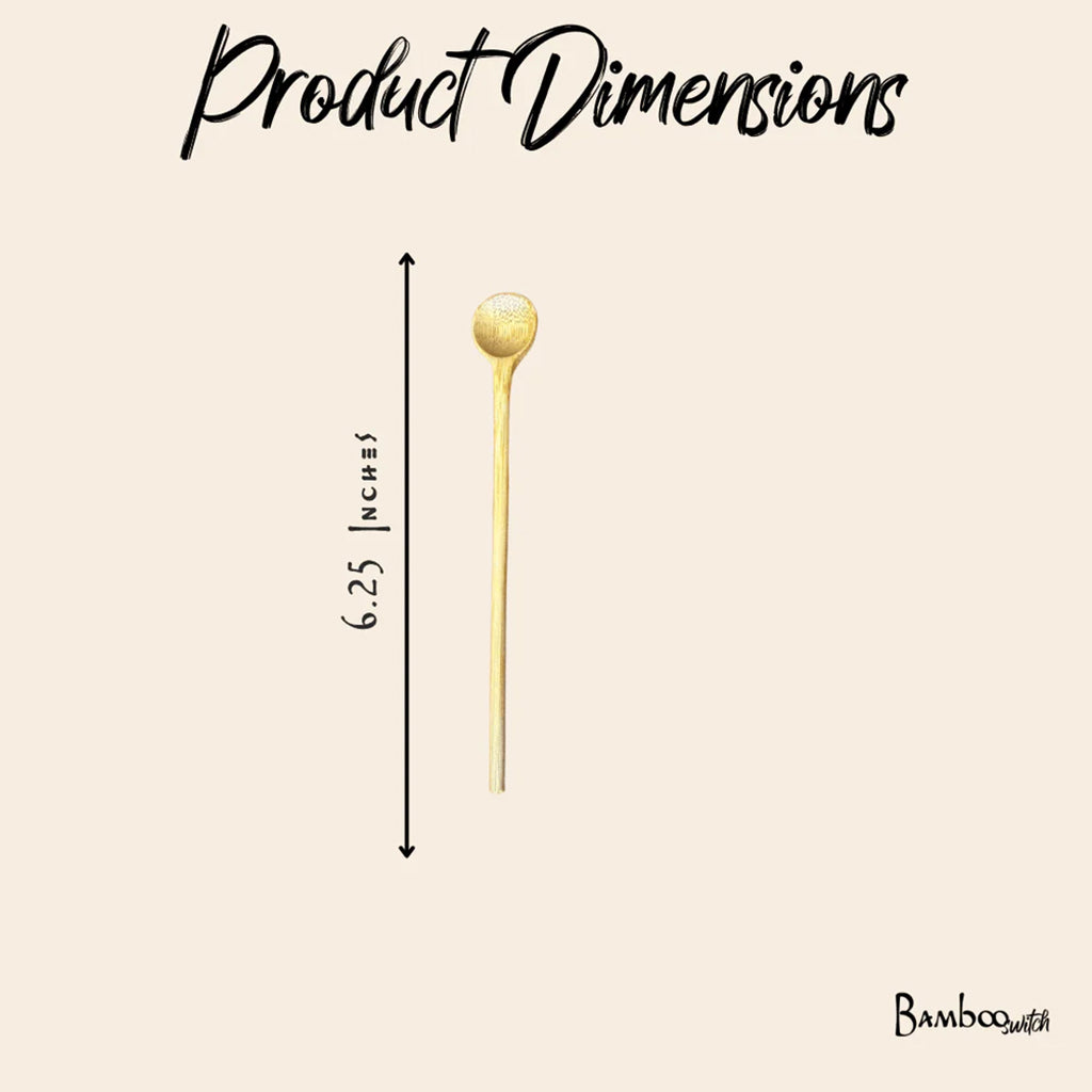 Dimensions showing a bamboo spoon stirrer on a beige background.