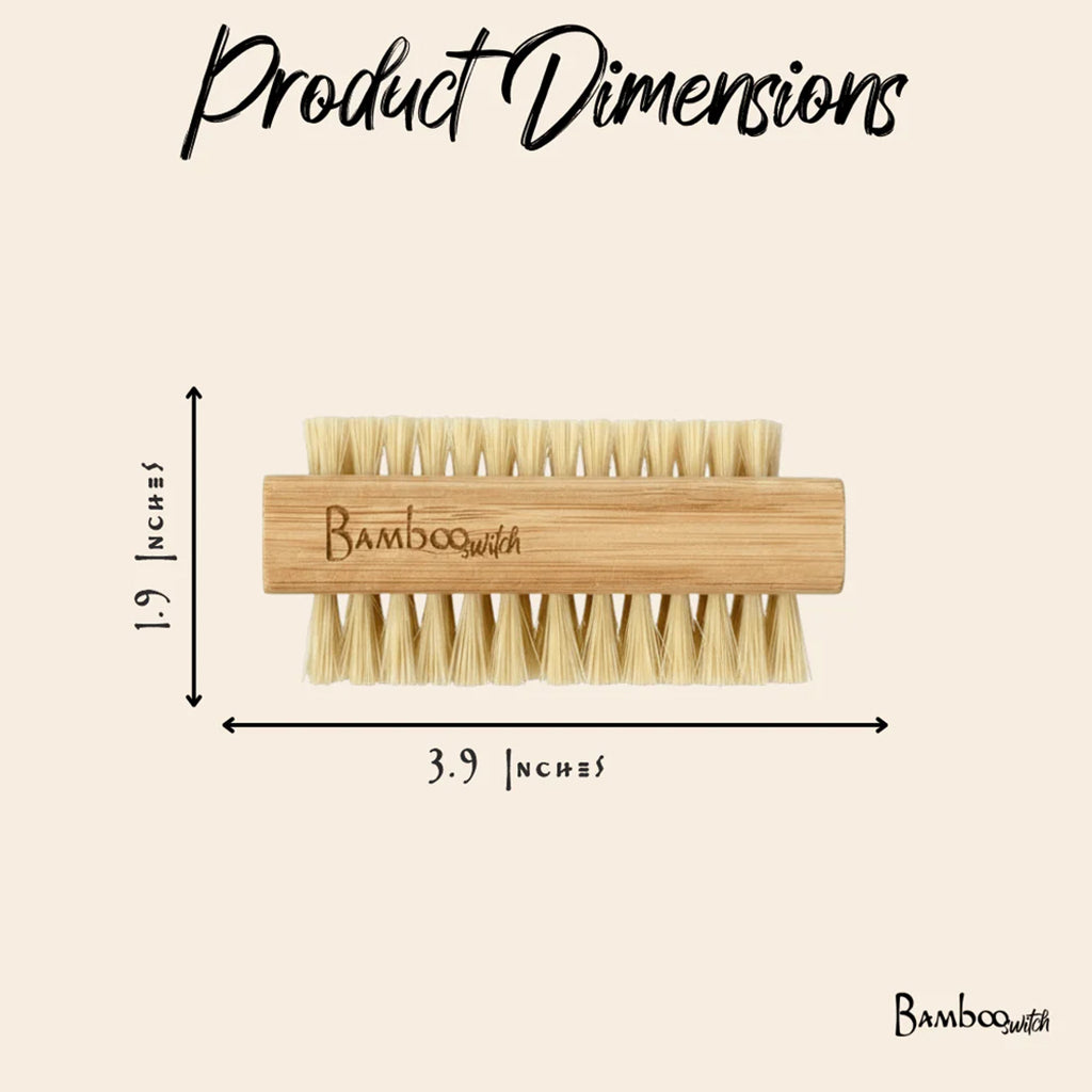 Bamboo nail brush with sisal bristles, on a beige background with dimensions indicated.