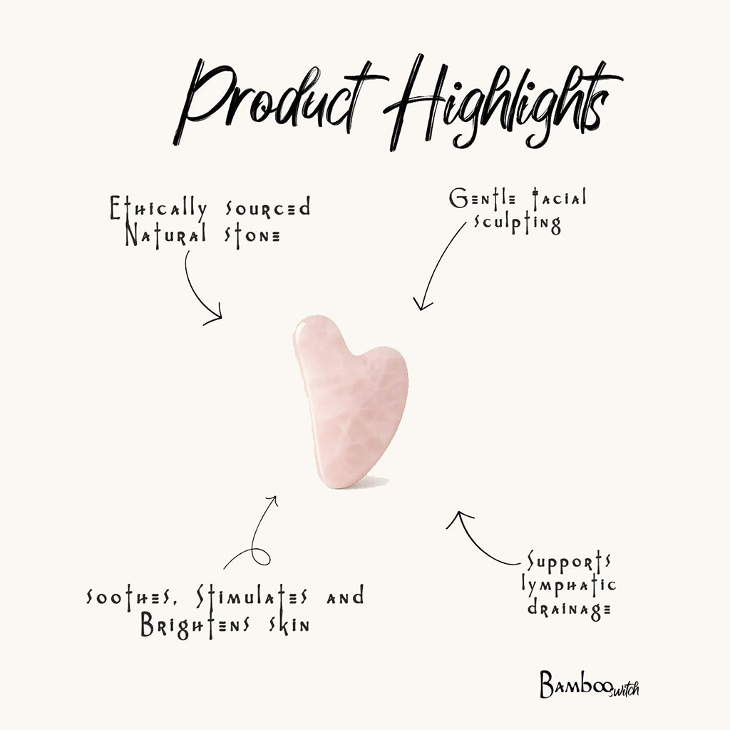 Rose Quartz Gua Sha with product highlights on a white background