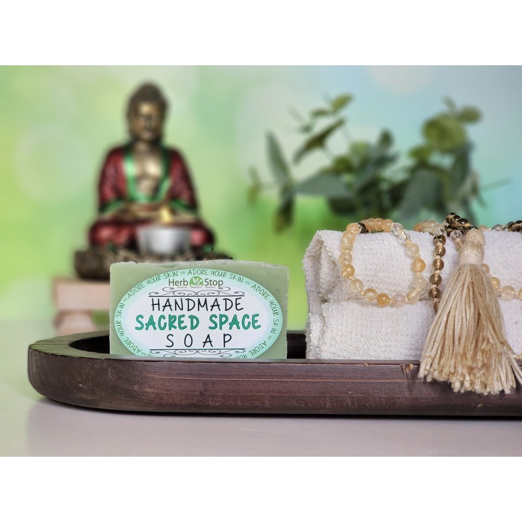Sacred Space Soap with towels on wood
