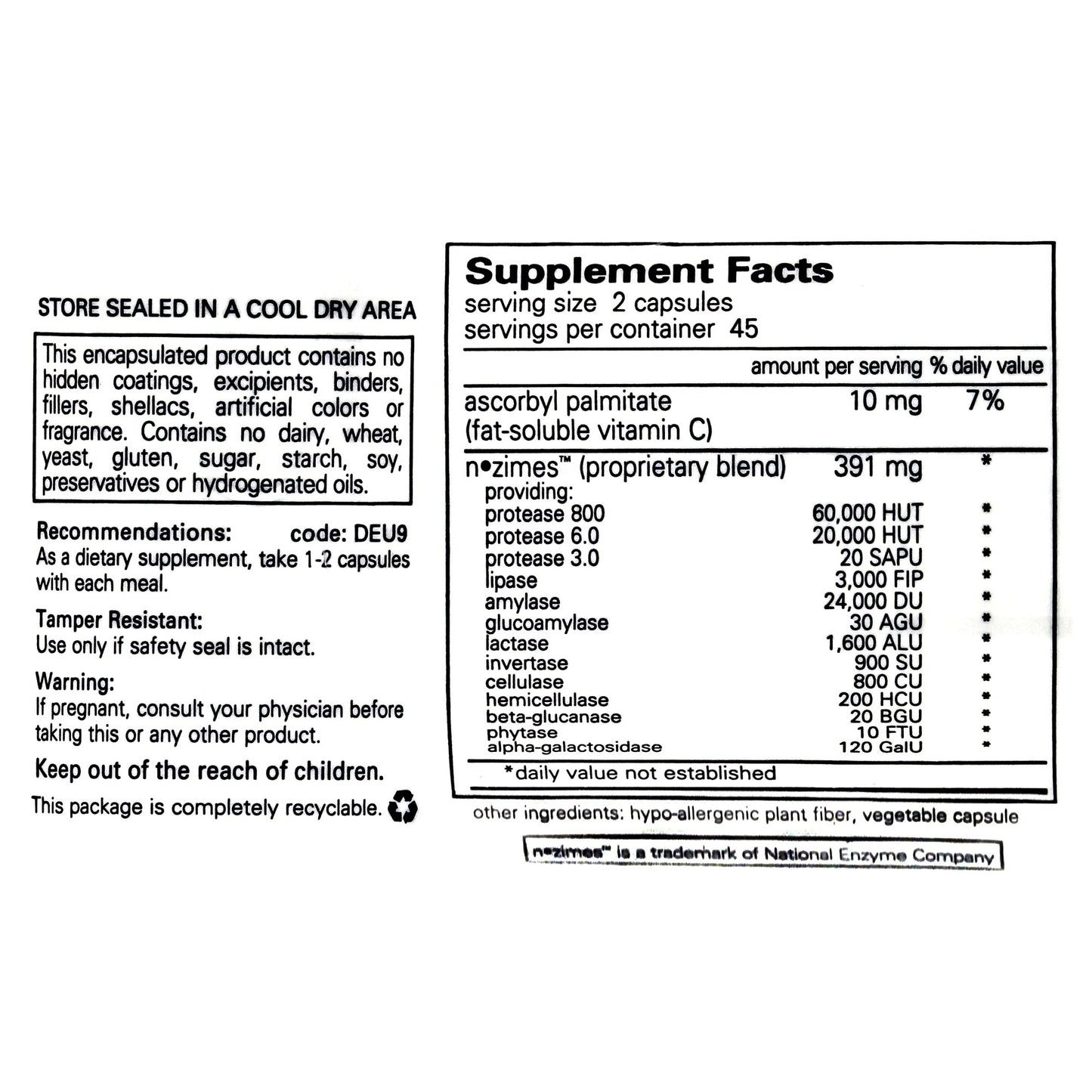 Digestive Enzymes Ultra by Pure Encapsulations Label