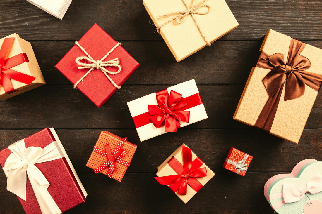 Gift giving ideas on a wooden table