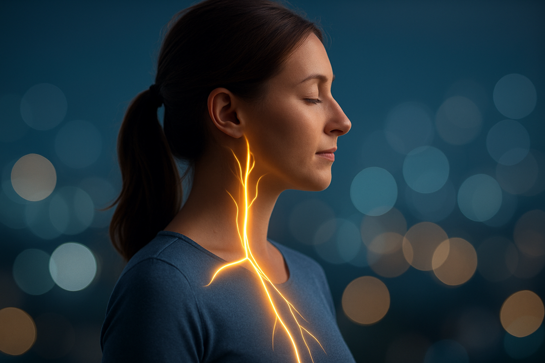 Illustration of the vagus nerve highlighted along the neck and chest of a person in a calm, relaxed pose