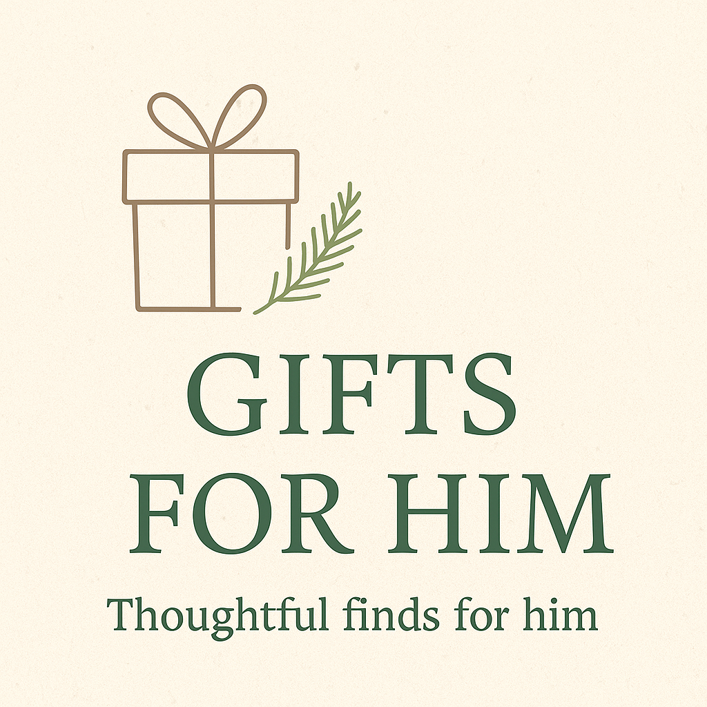 Gifts For Him with a line drawing of a present and pine needles