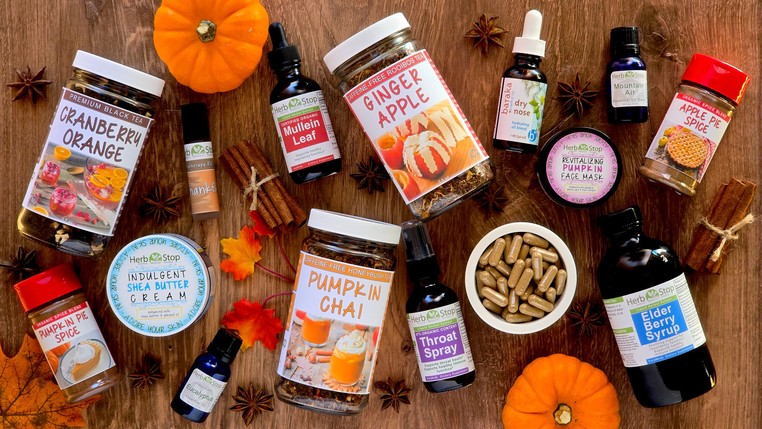 Winter Wellness Favorites banner featuring teas, elderberry syrup, mullein extract, essential oils, seasonal spices, and cozy winter self-care products displayed on a rustic wood table.