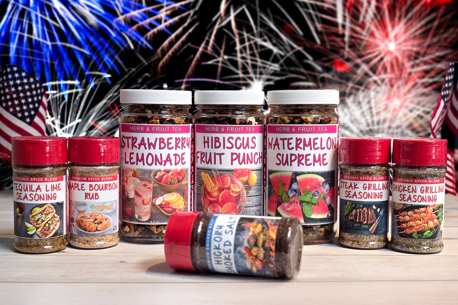 Refreshing iced teas, spice jars, and natural summer care products arranged outdoors—perfect for summer sips, BBQs, and bug-free fun