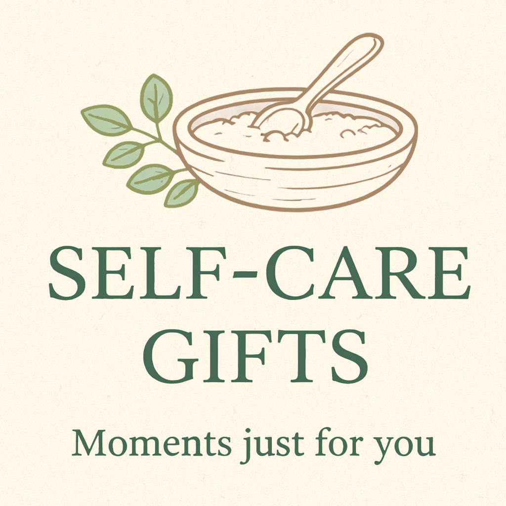 Self-care gifts collection graphic featuring a bowl of herbal bath salts and botanical leaves