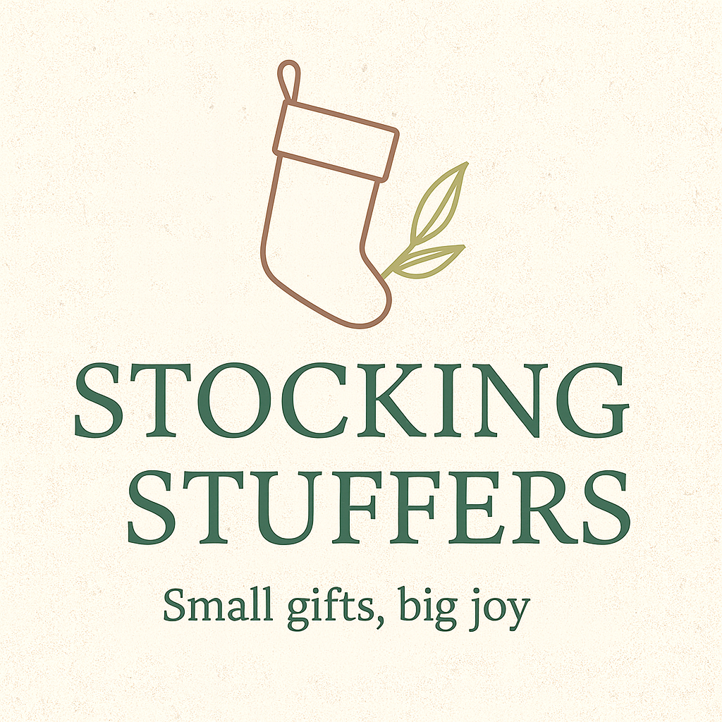 Stocking Stuffers text with a line drawing of a stocking with leaves 