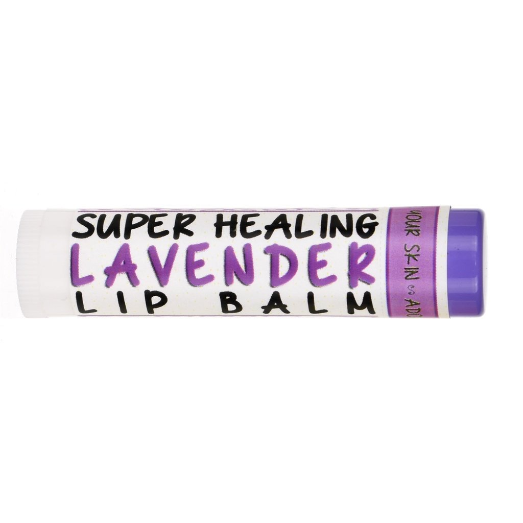 Tube of lavender flavored Super Healing Lip Balm on a white background