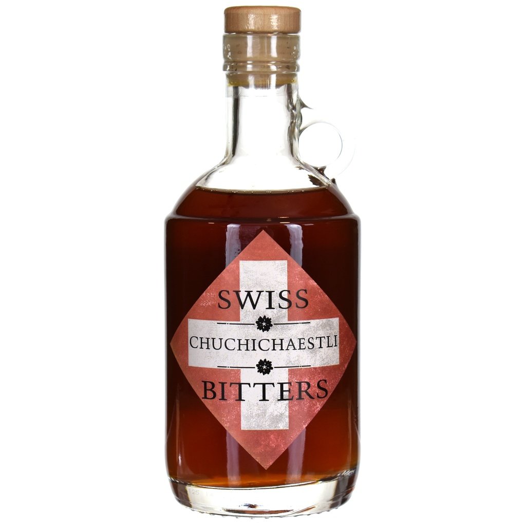 A bottle of Herb Stop Swiss Bitters on a white background
