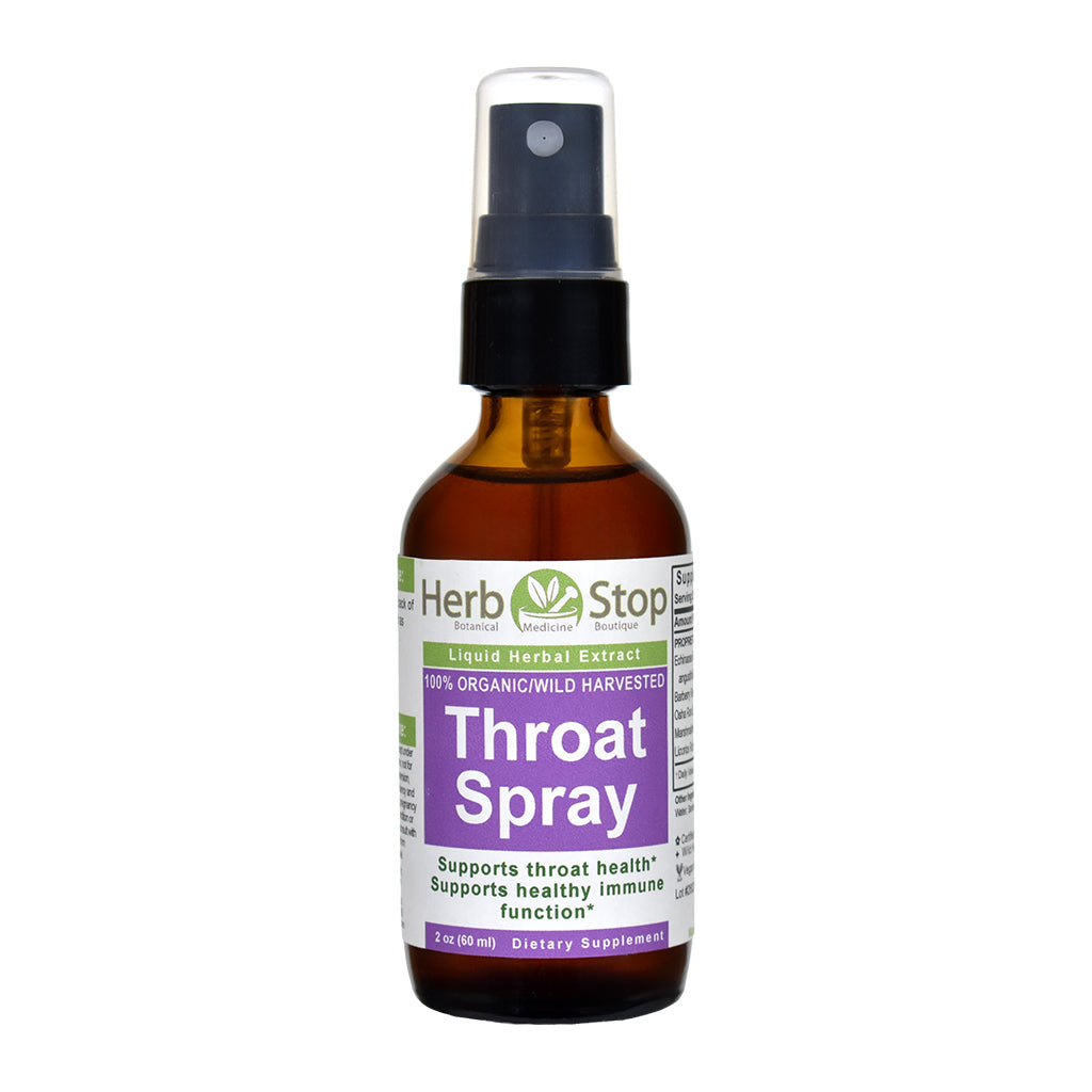 Bottle of Herb Stop Throat Spray with a sprayer top on a white background