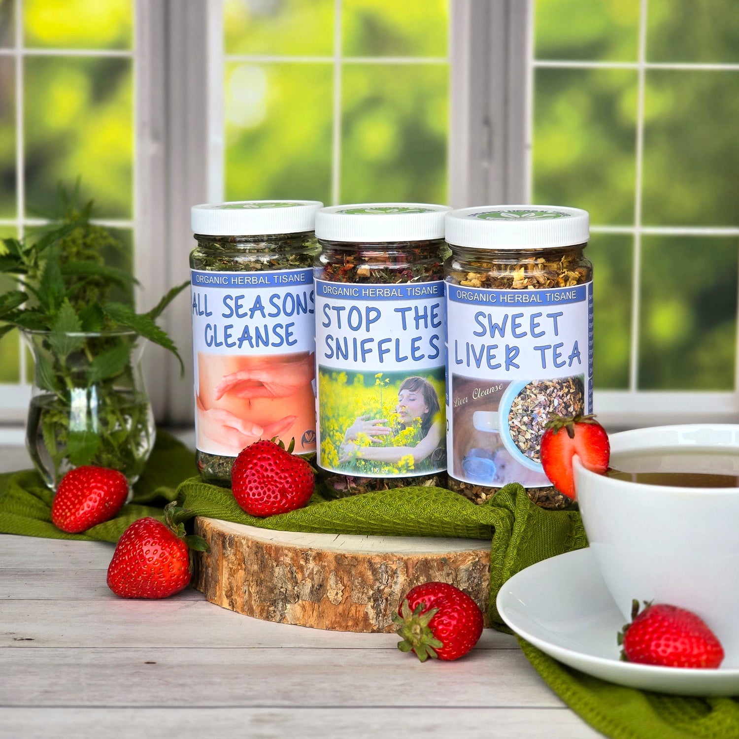 Loose Leaf teas for spring time with a white cup and natural background