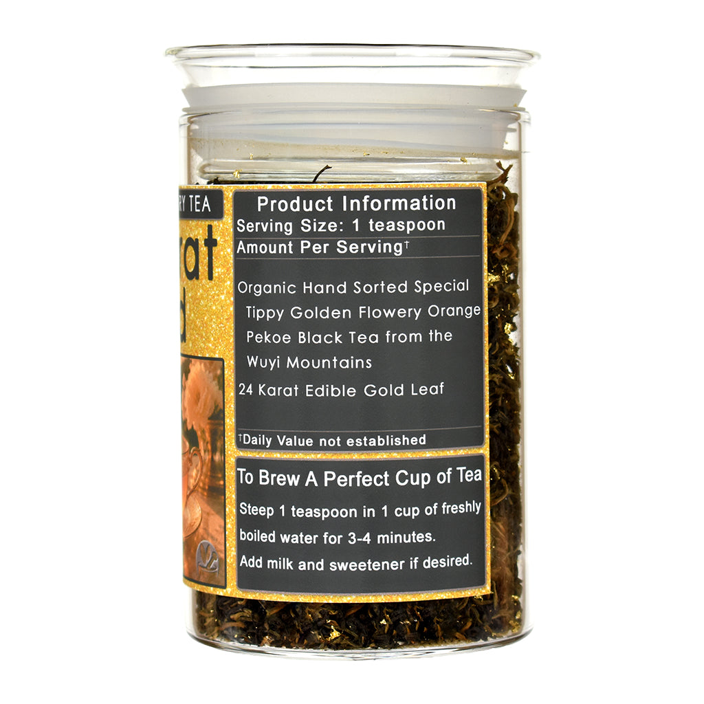 A jar of 24 Karat Gold Black Tea with edible gold leaf tea. Features a black and gold label with product information and brewing instructions.