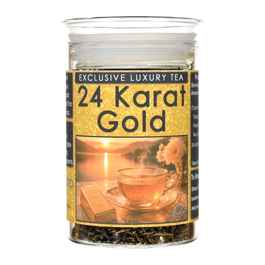 A clear glass jar of 24 Karat Gold tea with a gold label featuring a teacup and a gold bar illustration, set against a plain white background.