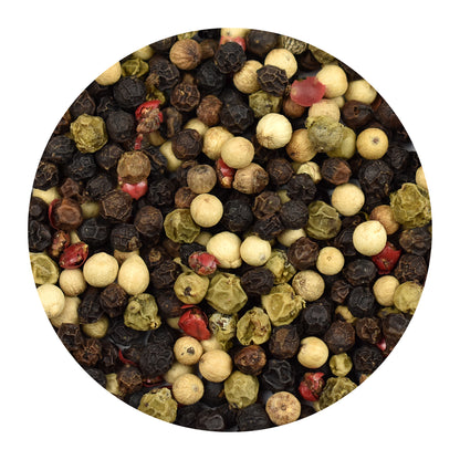 A circular close-up of mixed peppercorns in black, white, green, and pink, centered on a plain white background.