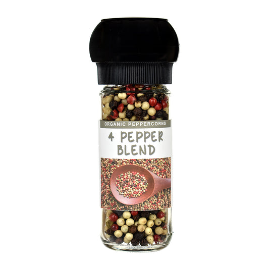4 Pepper Blend Jar with peppercorns on a white background