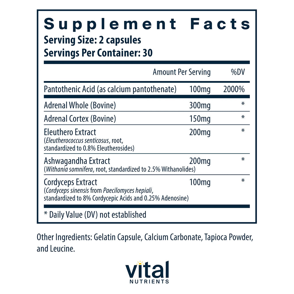 Supplement facts label for Adrenal Support by Vital Nutrients with detailed ingredient list and serving information.