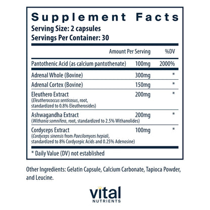 Supplement facts label for Adrenal Support by Vital Nutrients with detailed ingredient list and serving information.
