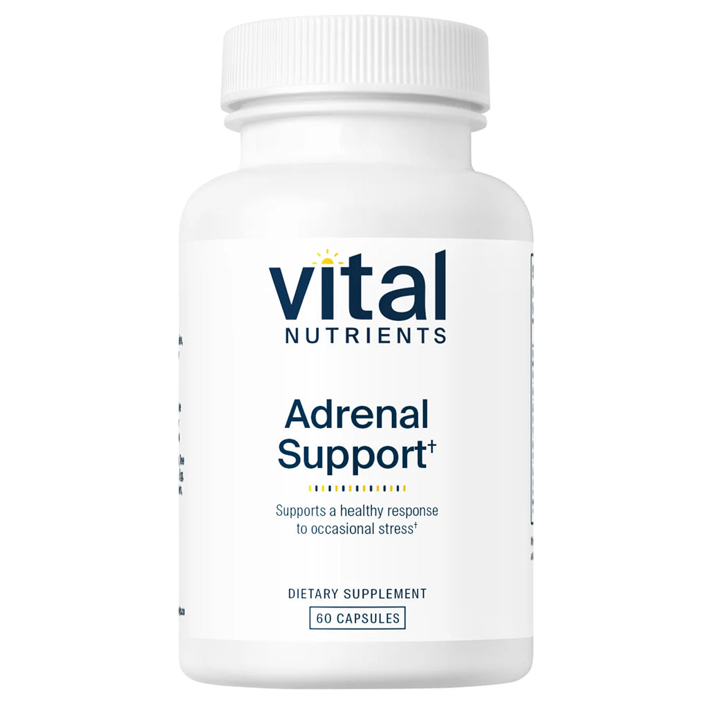 Supplement bottle labeled 'Vital Nutrients Adrenal Support' on a white background