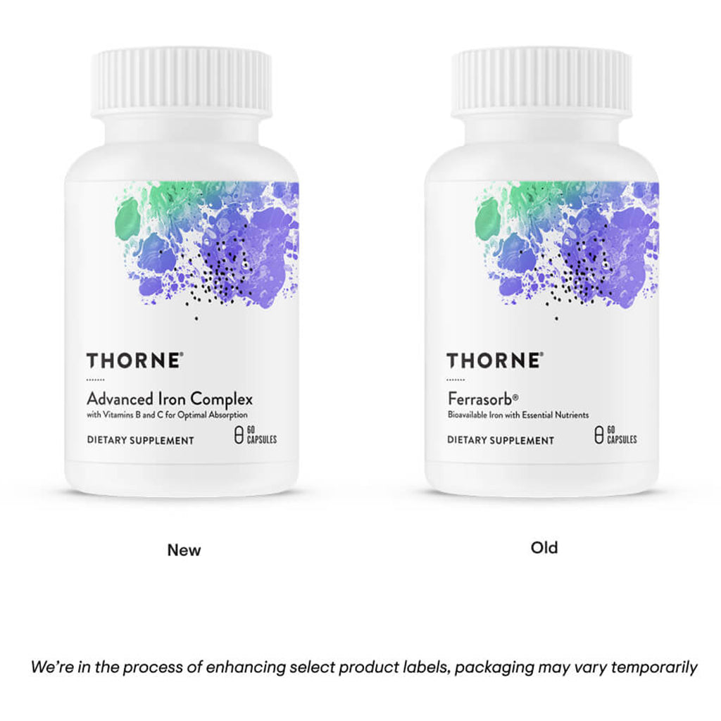 Two Thorne dietary supplement bottles, one labeled 'New' and the other 'Old', on a white background.