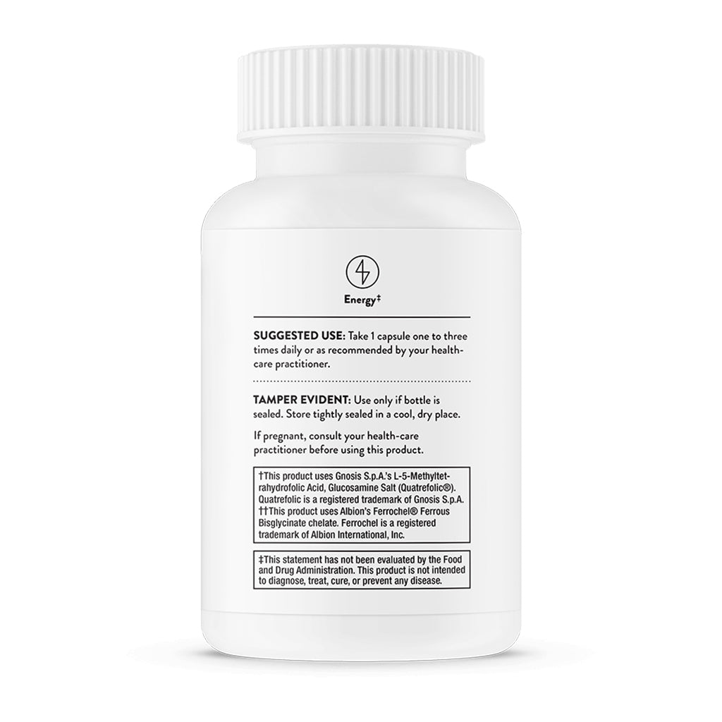 White supplement bottle with label on a white background