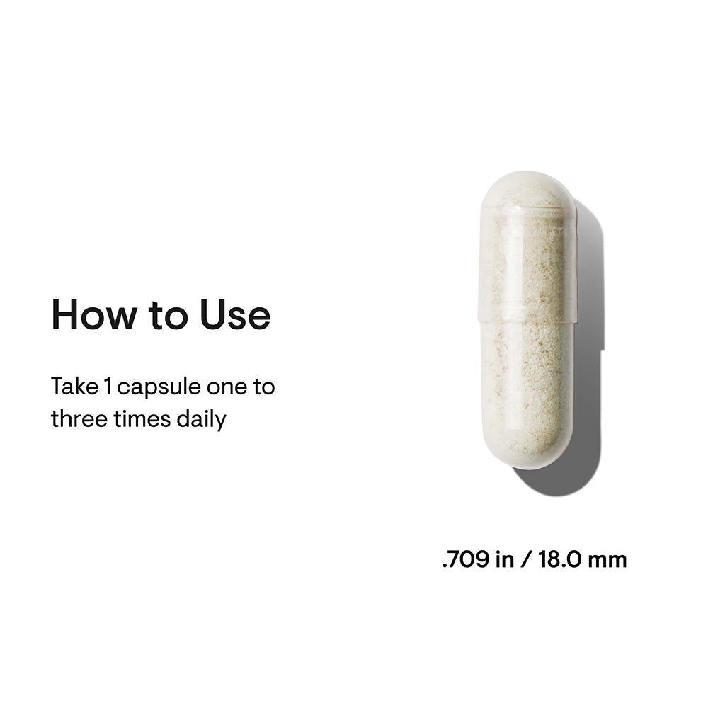 Capsule with usage instructions and dimensions on a white background