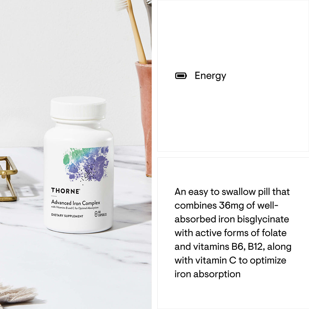Thorne Advanced Iron Complex supplement bottle on a white surface with text about the product.