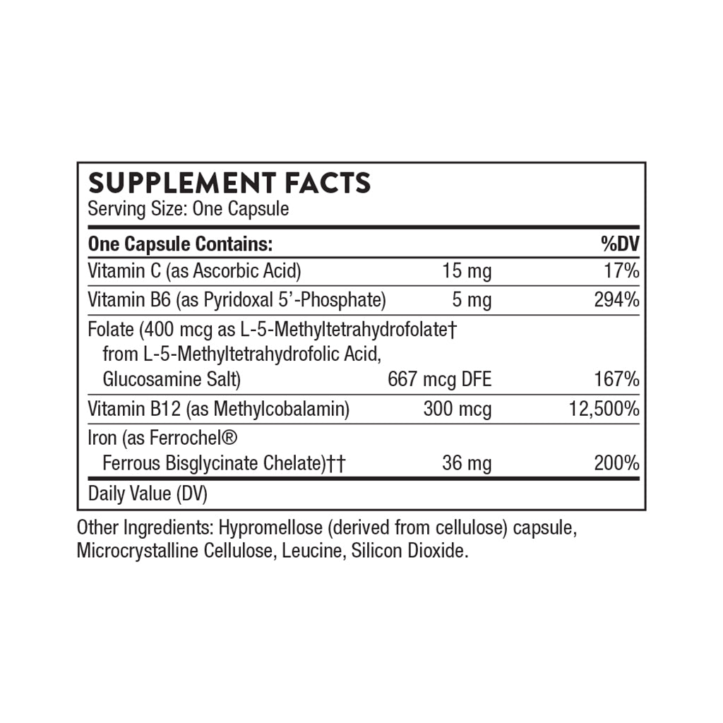 Supplement facts label for Advanced Iron Complex by Thorne containing various vitamins and minerals on a white background.