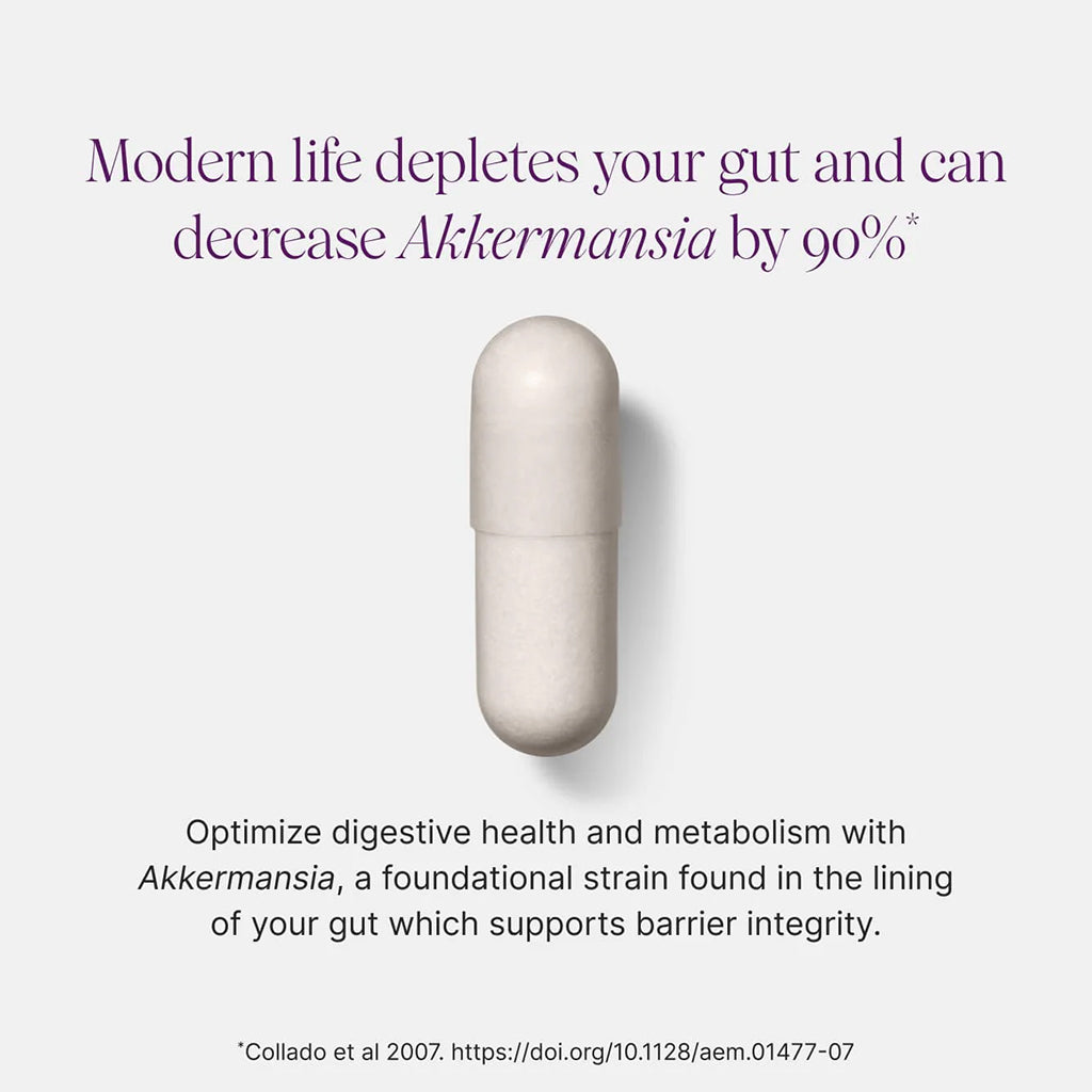 Capsule on a white background with text about gut health and Akkermansia.