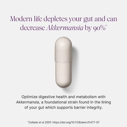 Capsule on a white background with text about gut health and Akkermansia.