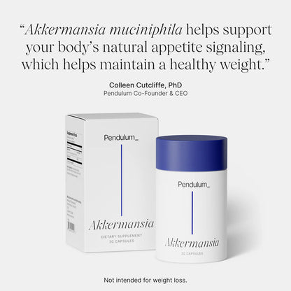 Pendulum Akkermansia dietary supplement with packaging on a white background