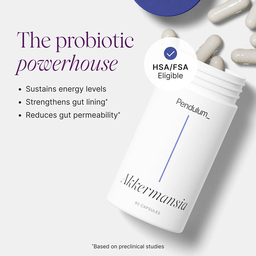 Akkmansia probiotic supplement bottle with text highlighting benefits on a white background