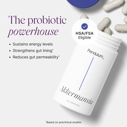 Akkmansia probiotic supplement bottle with text highlighting benefits on a white background