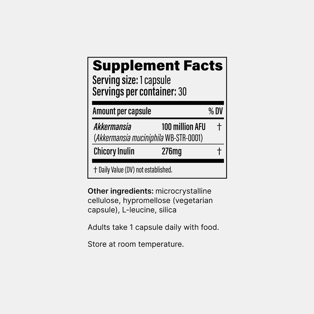 Akkermansia supplement facts label with black text on a white background