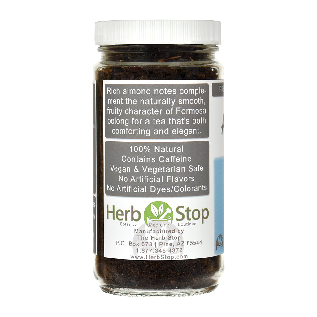 Jar of Almond Oolong Tea with a label on a white background