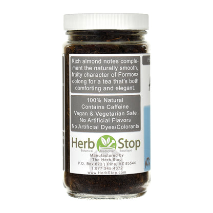 Jar of Almond Oolong Tea with a label on a white background