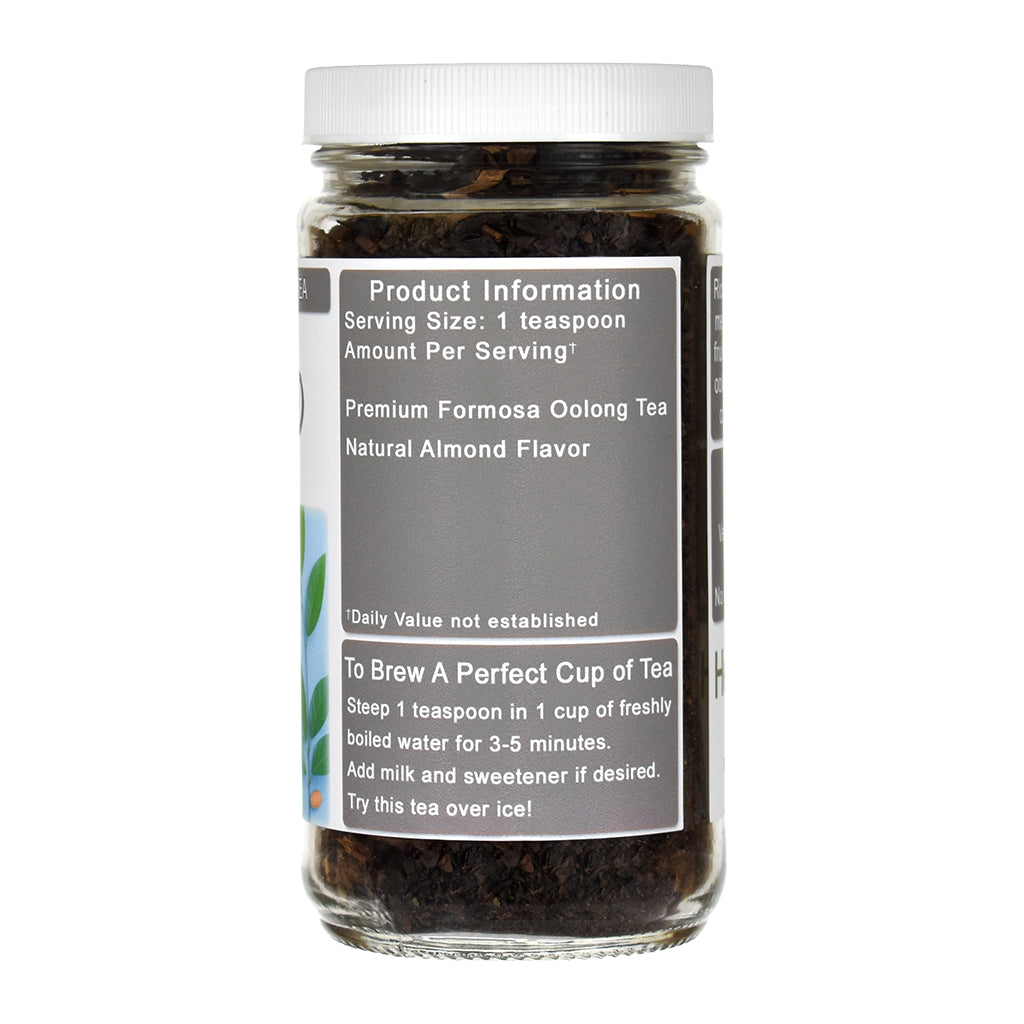 Jar of Almond Oolong tea with a label on a white background