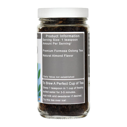 Jar of Almond Oolong tea with a label on a white background