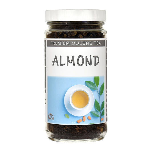 Jar of Almond oolong tea with a label on a white background